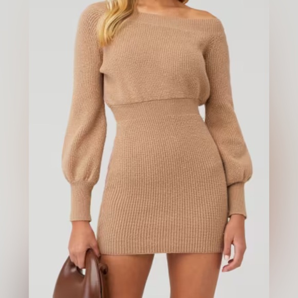 Line & Dot Revolve Rebecca Women's Off-Shoulder Sweater Dress Tan Natural Small - Picture 3 of 7